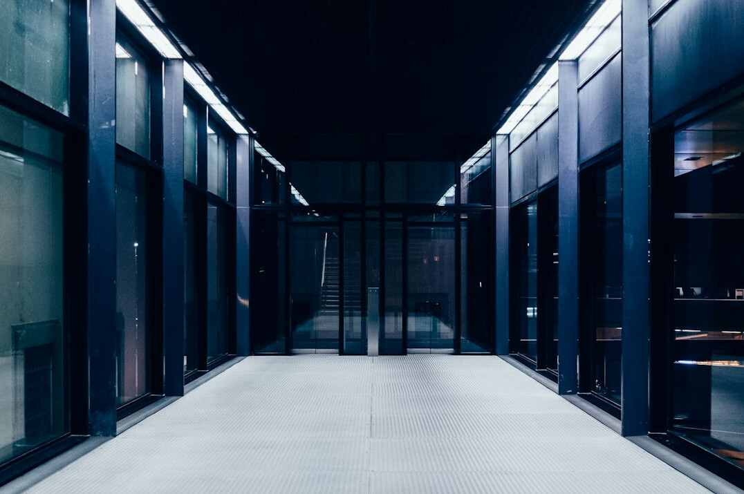 Rows of servers in a data center with cables
